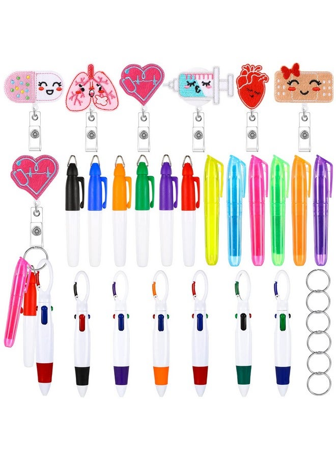Fainne - 24 Pcs Nurse Pen Cna Week Appreciation Gift Set 6 Permanent Marker Pen 6 Retractable Ball Pen 6 Tip Highlighter 6 Nursing Badge Reel Holder Felt Badge Clip Id Name Reel For Nurses Gifts(Nurse Style) - Image 1