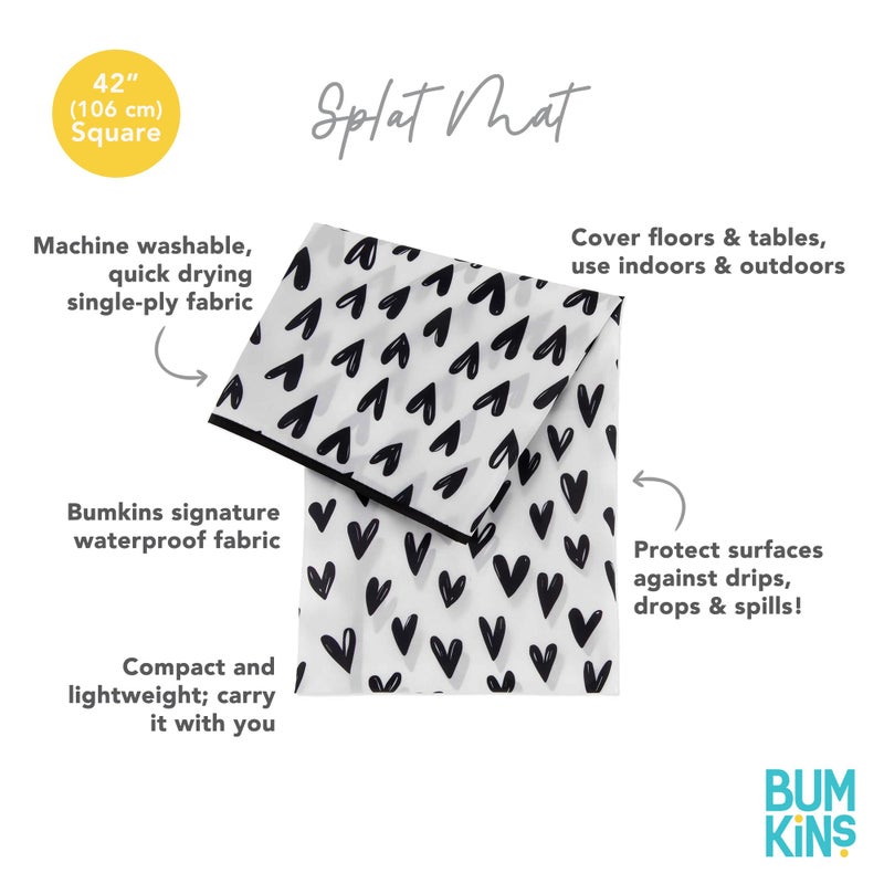 Bumkins Baby Splat Mat for Under High Chair, Babies Toddlers Eating Mess Mat, Waterproof Reusable Cloth for Arts and Crafts, Playtime Mat for Kids, Floors or Tables, Fabric 42inx42in, Black Hearts - Image 5