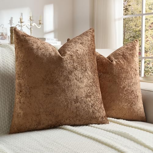 FUTEI Pack of 2 Solid Flannel Throw Pillow Covers 18x18 Inch Soft Crushed Textured Neutral Decorative Cushion Cases Vintage Farmhouse Accent for Couch Living Room Dark Brown - Image 1