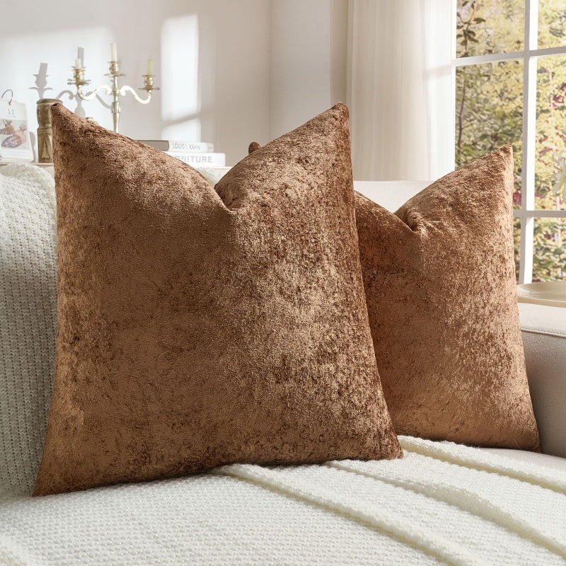 FUTEI Pack of 2 Solid Flannel Throw Pillow Covers 18x18 Inch Soft Crushed Textured Neutral Decorative Cushion Cases Vintage Farmhouse Accent for Couch Living Room Dark Brown - Image 2