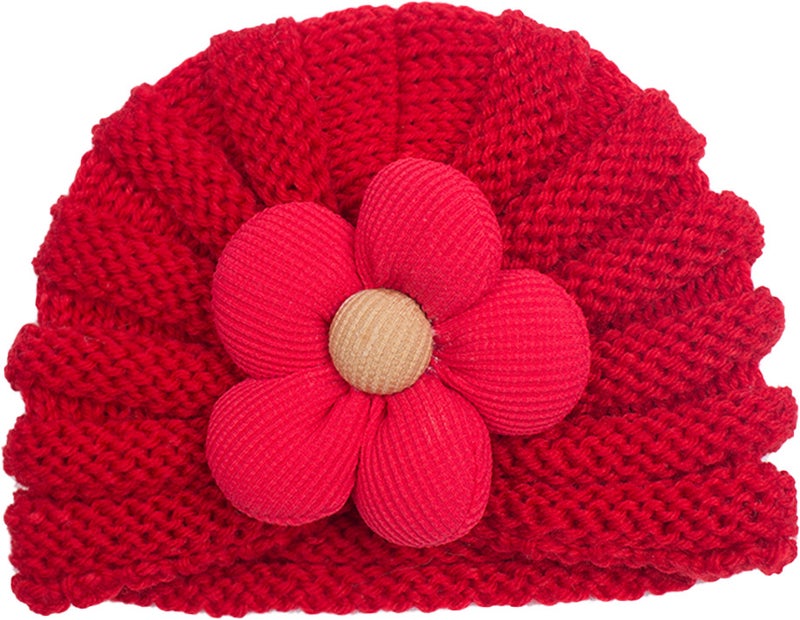 2023 Cozy Knit Baby Beanie Flower Design Red
