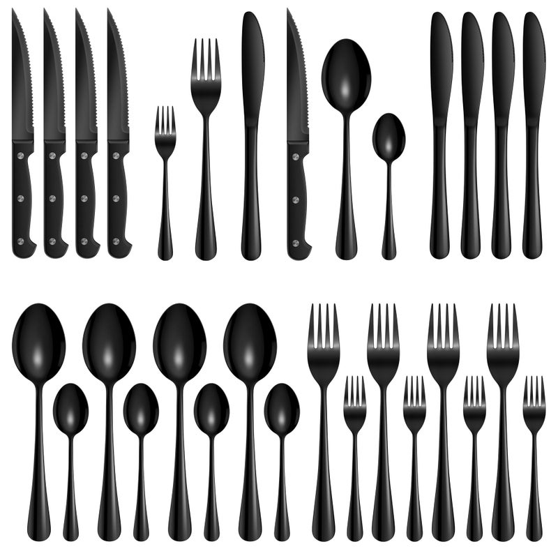 Velaze Cutlery Set 24Piece Black knife and fork sets Stainless Steel Flatware Cutlery Set with Steak KnivesCutlery set for 4Mirror PolishedDishwasher Safe