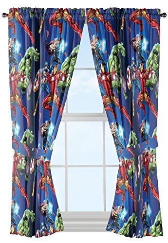 Jay Franco Kids Window Drapes - 4 Piece Curtain Set Includes 2 Tiebacks, Beautiful Bedding Room Décor and Easy Set Up, Blue - Avengers, 63 Inch - Image 1
