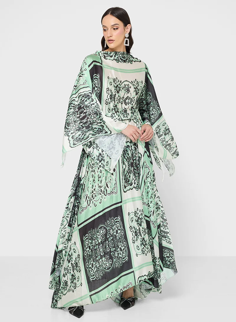 Khizana Pleated Dress With Monotonal Print
