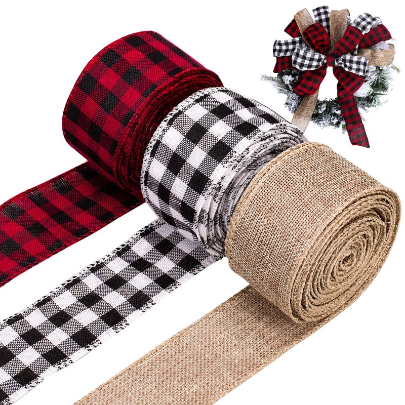 Whaline 3 Rolls Wired Edge Ribbons 30 Yards x 2 Inches Black Red Plaid Ribbon Black White Buffalo Plaid Ribbon and Burlap Craft Ribbon for DIY Gift Wrapping Christmas Fall Crafts Decoration