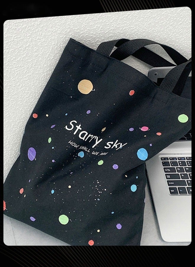 Joychic حقيبة قماش قابلة للطي بطباعة جرافيك سعة كبيرة حقيبة كتف مدرسية خفيفة الوزن حقيبة يومية سوداء - Image 2