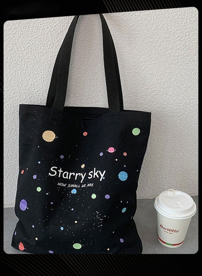 Joychic حقيبة قماش قابلة للطي بطباعة جرافيك سعة كبيرة حقيبة كتف مدرسية خفيفة الوزن حقيبة يومية سوداء - Image 3