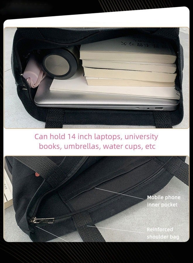 Joychic حقيبة قماش قابلة للطي بطباعة جرافيك سعة كبيرة حقيبة كتف مدرسية خفيفة الوزن حقيبة يومية سوداء - Image 5