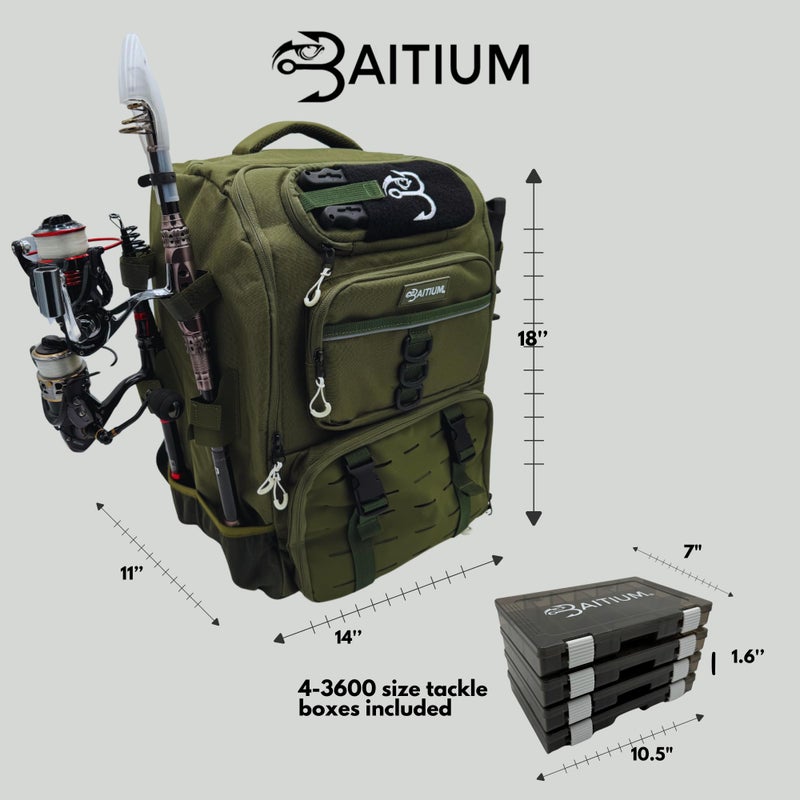 Baitium Fishing Backpack, Tackle Bag With Rod Holders, 40L Capacity With Cooler, Rain Cover, Insulated Pocket, 4 Tackle Trays Included- (Green) - Image 5
