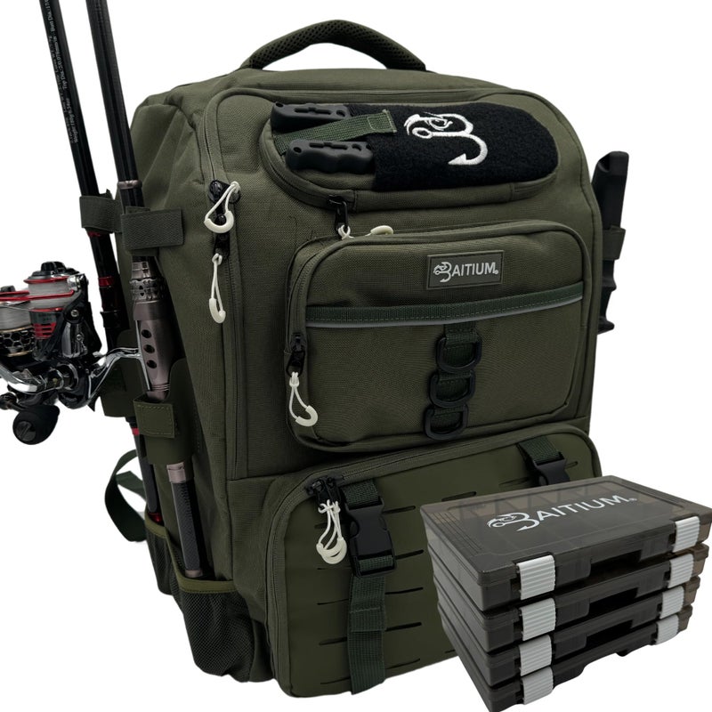 Baitium Fishing Backpack, Tackle Bag With Rod Holders, 40L Capacity With Cooler, Rain Cover, Insulated Pocket, 4 Tackle Trays Included- (Green) - Image 1