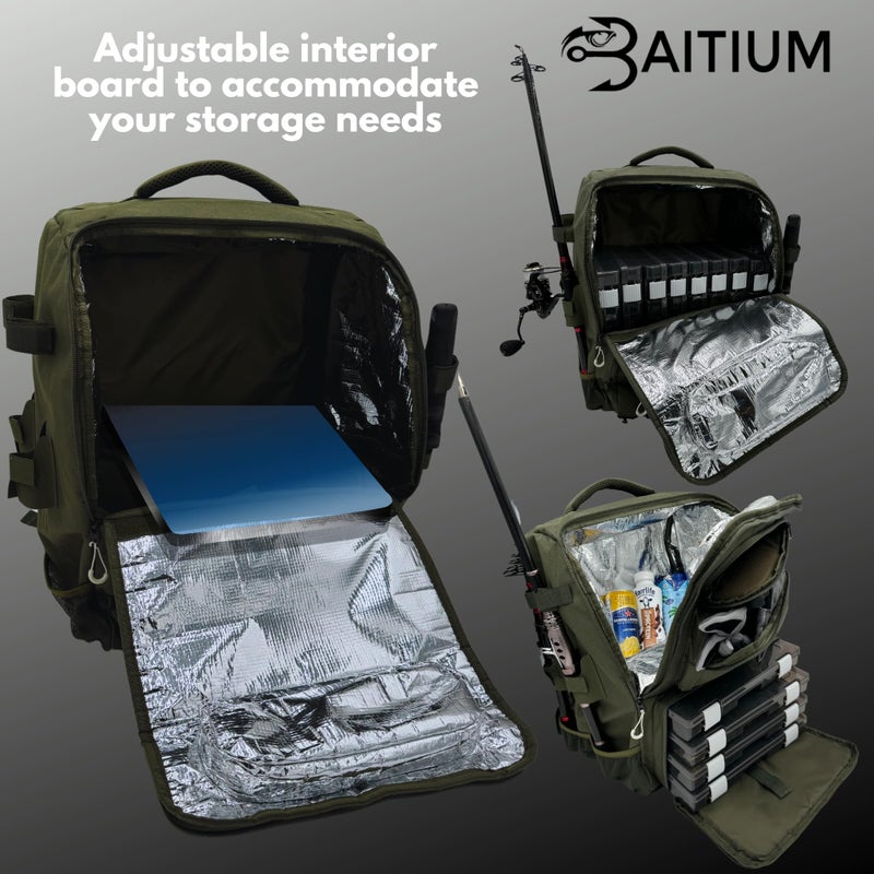 Baitium Fishing Backpack, Tackle Bag With Rod Holders, 40L Capacity With Cooler, Rain Cover, Insulated Pocket, 4 Tackle Trays Included- (Green) - Image 4