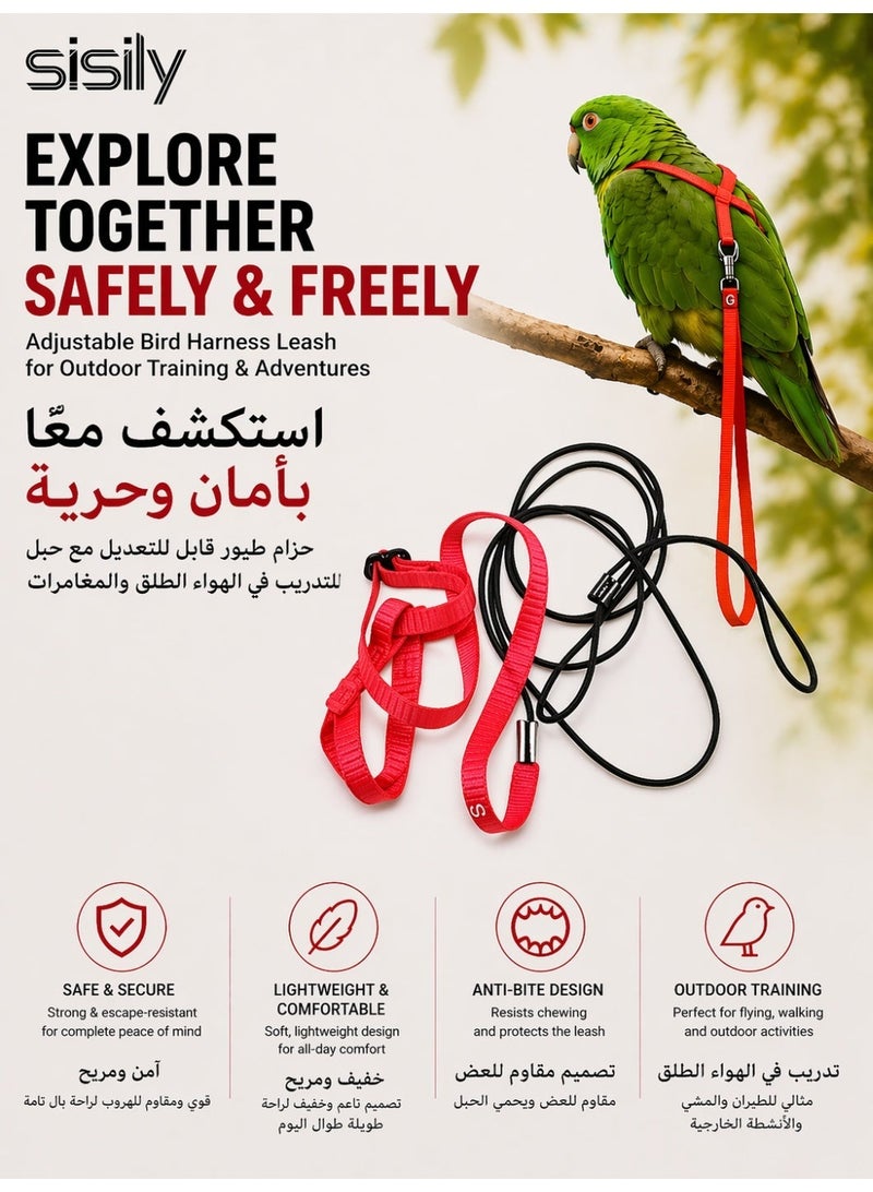 Sisily Bird Harness Leash Adjustable Parrot Harness Bird Training Leash Anti Bite Outdoor Flying Rope Small Bird Harness for Conure Budgie Lovebird Cockatiel Mynah Red S - Image 1