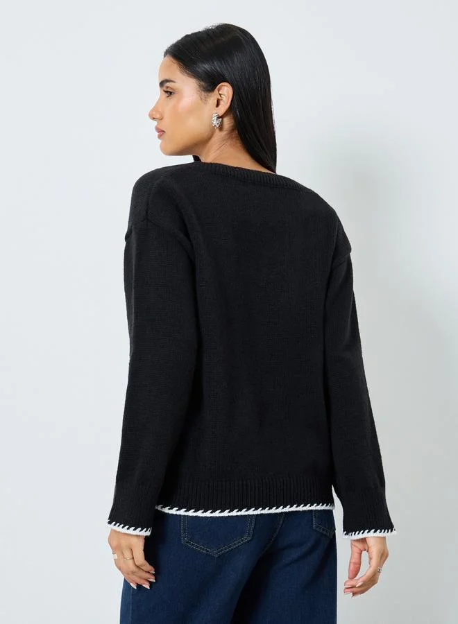 Styli Styli Elegant Black V-Neck Knitted Sweater