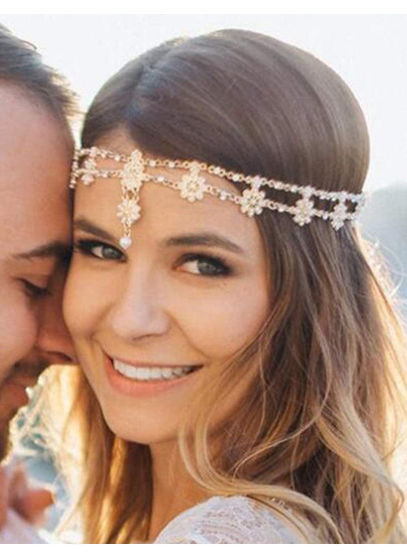 Chargances - Chargances Bridal Women Flower Vintage Bohemian Headbands Head Chain Crystal Halloween Headpiece Wedding Hair Jewelrygold - Image 1