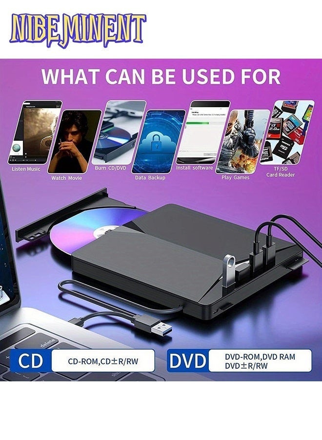 NIBEMINENT 7-in-1 External CD/DVD Drive, USB 3.0 Type-C Portable CD DVD +/-RW Burner Writer Player with USB Hub & SD/TF Card Reader, Slim Optical Disk Drive for Laptop Desktop PC, Compatible with Windows Mac OS Linux - Image 2