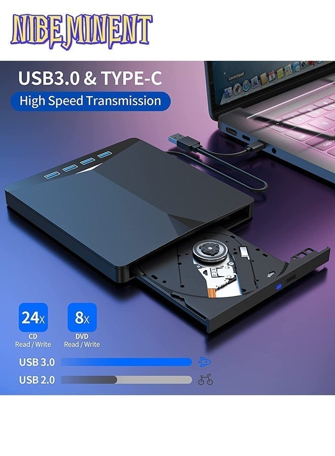 NIBEMINENT 7-in-1 External CD/DVD Drive, USB 3.0 Type-C Portable CD DVD +/-RW Burner Writer Player with USB Hub & SD/TF Card Reader, Slim Optical Disk Drive for Laptop Desktop PC, Compatible with Windows Mac OS Linux - Image 5