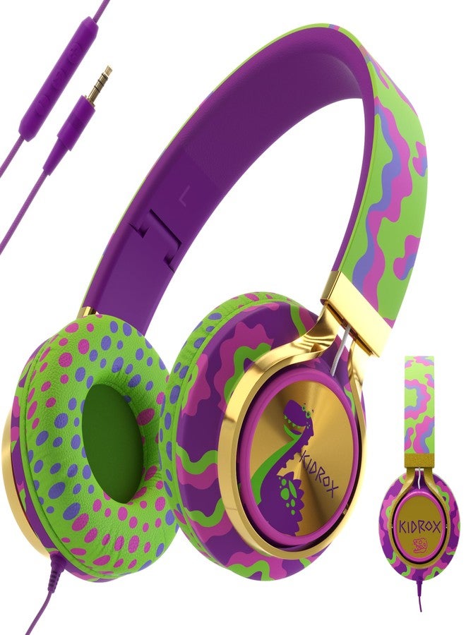 Kidrox® Dinosaur Headphones for Kids Wired with Microphone, Made to Last Durable and Flexible, Volume Limited 85/94db Kid Safe for Kids All Ages, Boys & Girls. Perfect for School or Travel. 3.5 Jack - Image 1