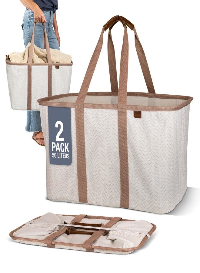CleverMade Collapsible Laundry Tote 2-Pack (50L) – Foldable Carry-All Storage Bin for Laundry, Car Trunk, RV, Dorm & Home Organization – LUXE Cotton Blend with Vegan Leather Accents, Cream - Image 1