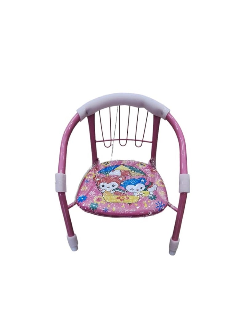 A children's chair with a multi-colored cartoon design with a metal backrest frame and a soft seating cushion