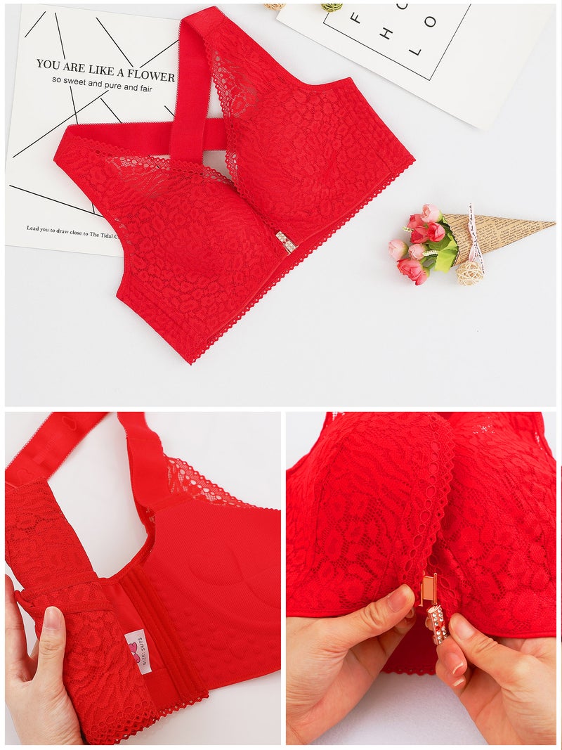 Padded Bra: Red 44D Thin Padded 3/4 No Underwire Cups - Front Clip Closure Adjustable Wide Crisscross Back Straps Leopard Lace Sexy Bra for Daily Wear & Intimate Occasions - Image 4