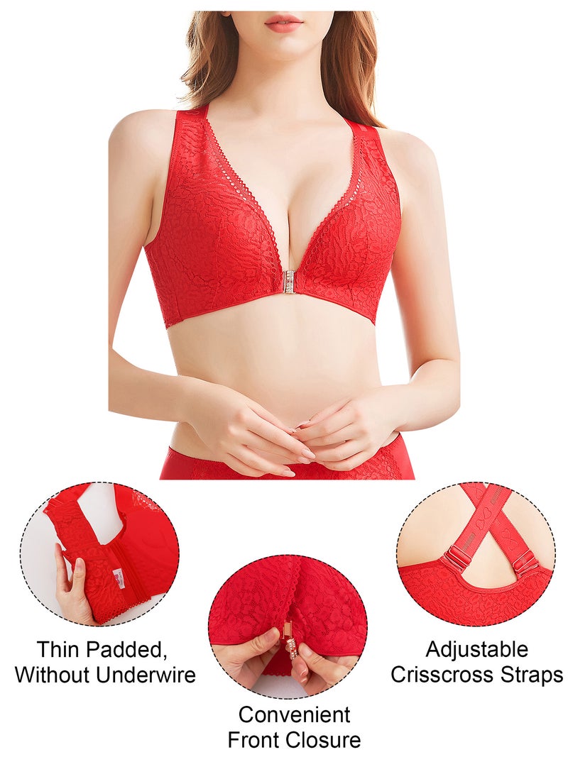 Padded Bra: Red 44D Thin Padded 3/4 No Underwire Cups - Front Clip Closure Adjustable Wide Crisscross Back Straps Leopard Lace Sexy Bra for Daily Wear & Intimate Occasions - Image 5