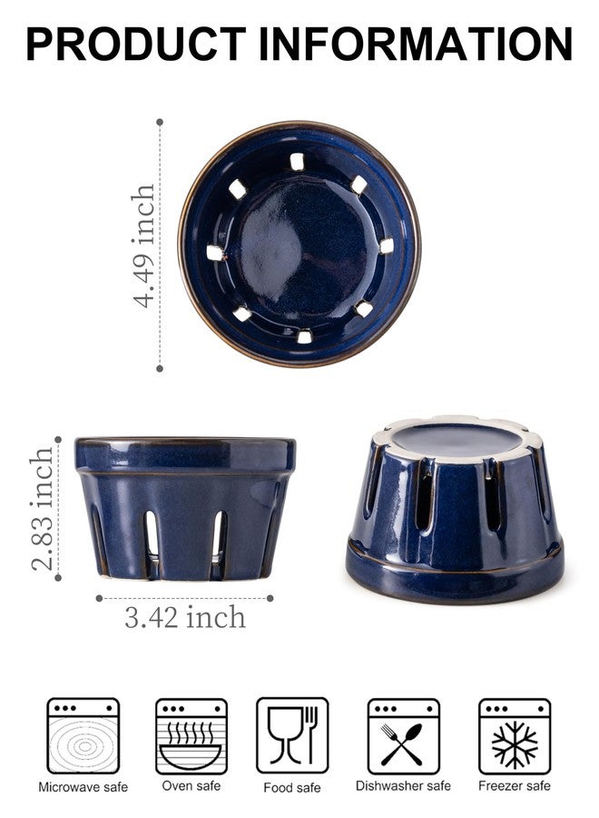 Gomakren Ceramic Berry Basket Set of 2, Round Fruit Bowl with Holes, Small Fruit Basket Containers for Kitchen Counter, Berries, Strawberry, Grape, Cherry - Cobalt Blue - Image 2