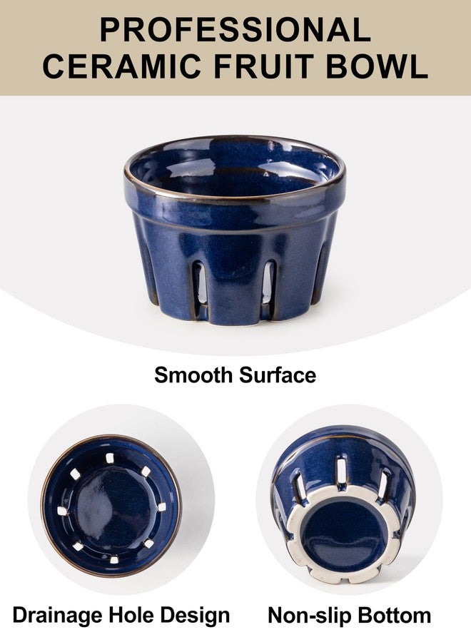 Gomakren Ceramic Berry Basket Set of 2, Round Fruit Bowl with Holes, Small Fruit Basket Containers for Kitchen Counter, Berries, Strawberry, Grape, Cherry - Cobalt Blue - Image 3