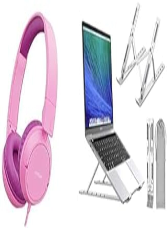 JOYROOM Laptop Essentials Bundle (Joyroom JR-HC1 Kids wired headphones-Pink + Artikel® Uni-Lite+ Laptop Stand with Carry Pouch | 6 Height Adjustable Riser for desk)
