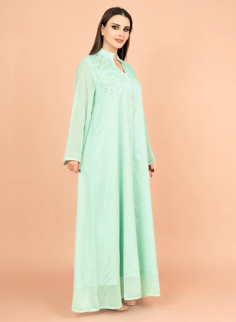 IKKXA Floral Fantasy Crystal Jalabiya with Elegant Stripes IK2018 Green