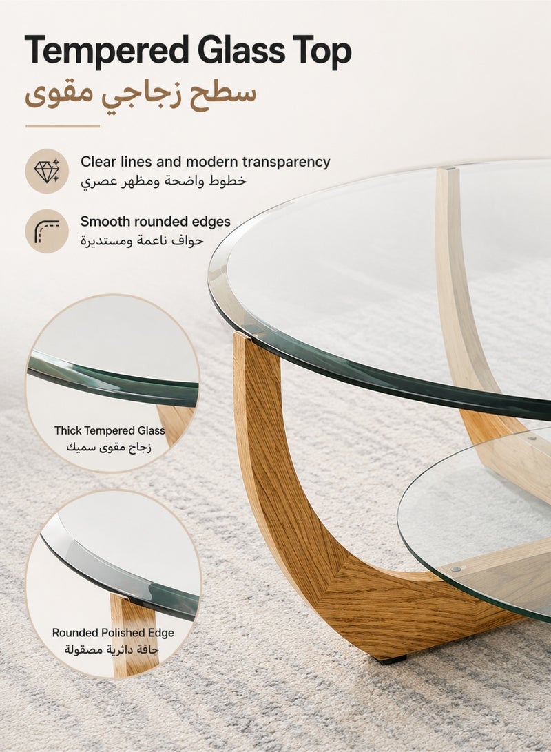 WALALLA Double Layer Glass Coffee Table, Modern Coffee Table for Living Room, Tempered Glass, Solid Wood Legs, Simple Design, Easy to Assemble,for Living Room Bedroom Apartment - Image 4