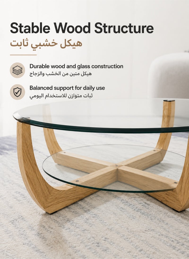 WALALLA Double Layer Glass Coffee Table, Modern Coffee Table for Living Room, Tempered Glass, Solid Wood Legs, Simple Design, Easy to Assemble,for Living Room Bedroom Apartment - Image 5
