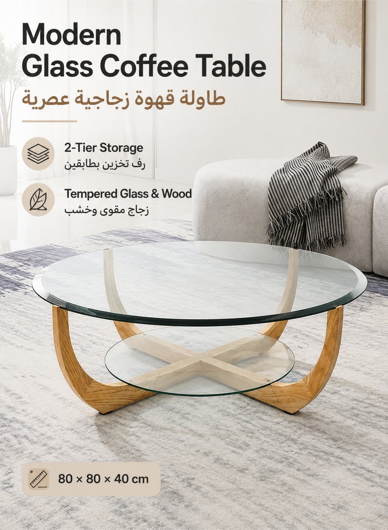 WALALLA Double Layer Glass Coffee Table, Modern Coffee Table for Living Room, Tempered Glass, Solid Wood Legs, Simple Design, Easy to Assemble,for Living Room Bedroom Apartment - Image 1