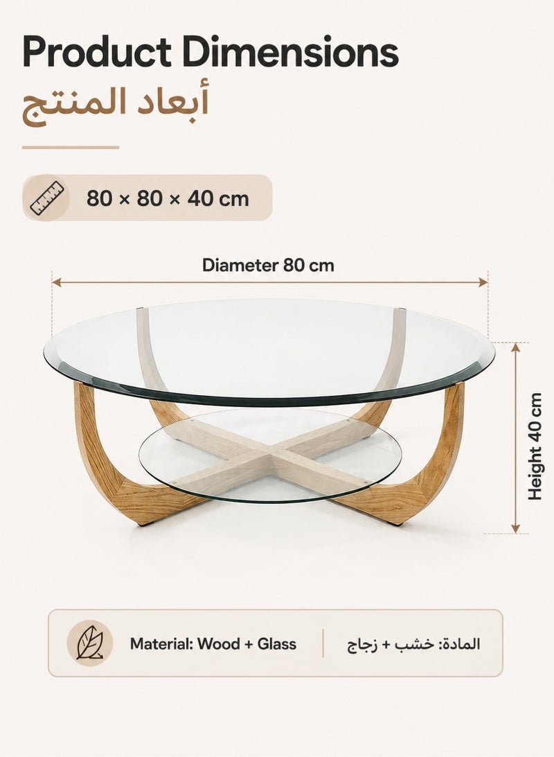 WALALLA Double Layer Glass Coffee Table, Modern Coffee Table for Living Room, Tempered Glass, Solid Wood Legs, Simple Design, Easy to Assemble,for Living Room Bedroom Apartment - Image 2