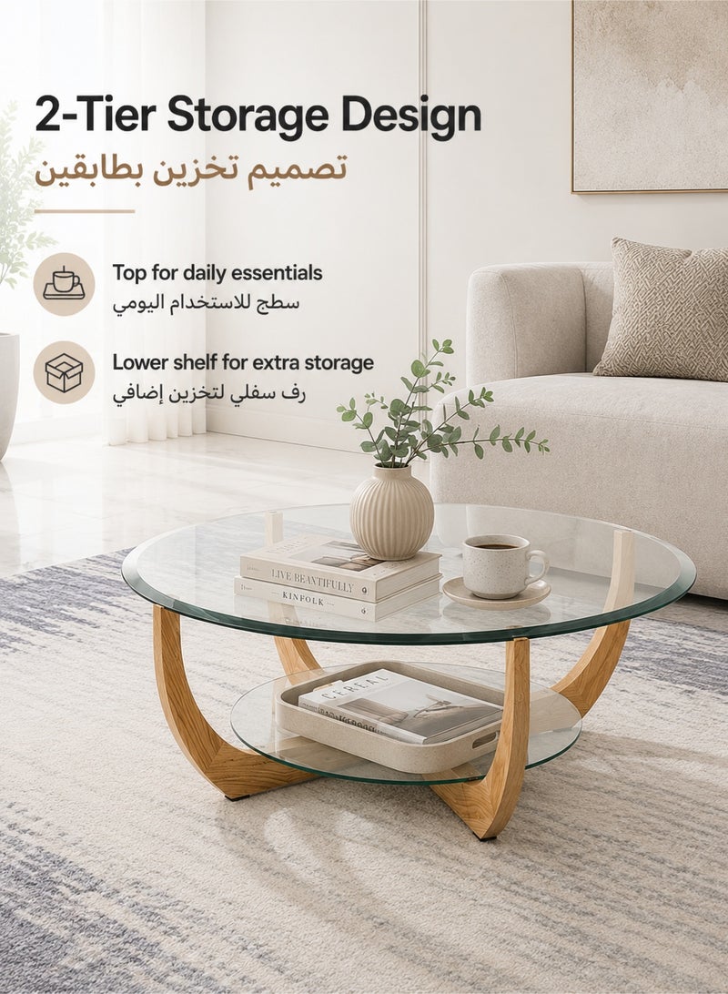 WALALLA Double Layer Glass Coffee Table, Modern Coffee Table for Living Room, Tempered Glass, Solid Wood Legs, Simple Design, Easy to Assemble,for Living Room Bedroom Apartment - Image 3