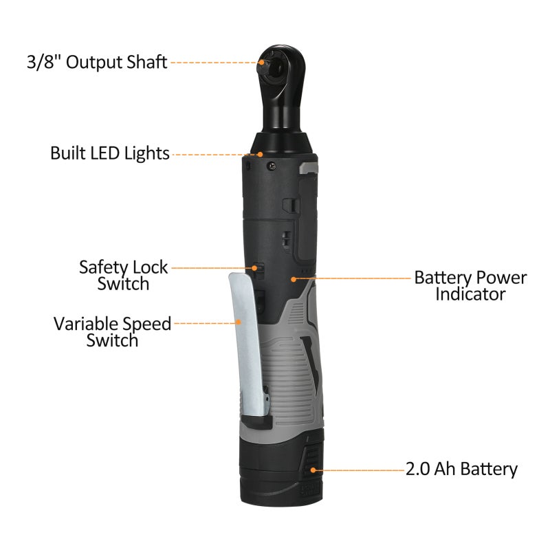 Cordless Ratchet Wrench: 3/8" Drive, 50 N.M High Torque, 2Lbs Lightweight Slim Head - Built-in LED Light, 2000 mAh Battery for Auto Repair, Construction, Home Repair - Image 2