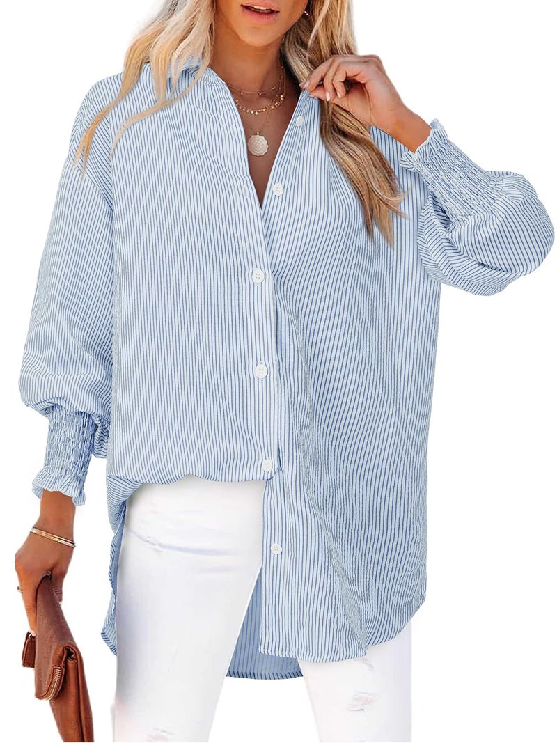 Gleeivy Blue and White Striped Shirt Mid Length Smocked Oversized Button Down Shirts Boyfriends Casual Loose Long Sleeve Business Work Tunic Top for Leggings Wrinkle Free Interview Top Office Professional - Image 1