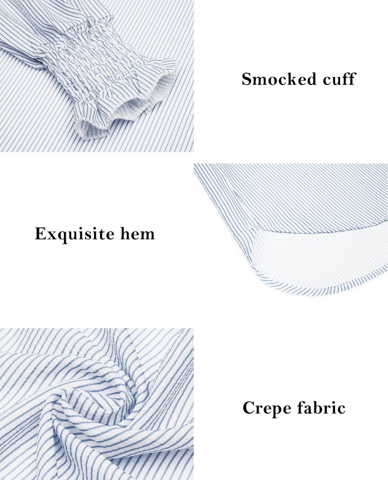 Gleeivy Blue and White Striped Shirt Mid Length Smocked Oversized Button Down Shirts Boyfriends Casual Loose Long Sleeve Business Work Tunic Top for Leggings Wrinkle Free Interview Top Office Professional - Image 5
