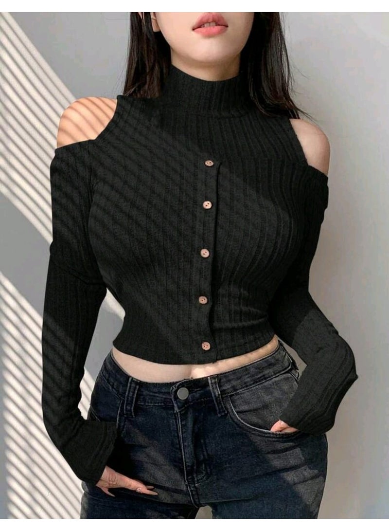 Dazy Designer Women's Stand Collar Cold Shoulder Long Sleeve PULLOVER - Image 1