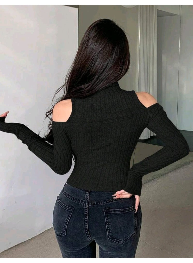 Dazy Designer Women's Stand Collar Cold Shoulder Long Sleeve PULLOVER - Image 4