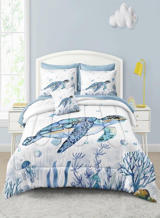 Bedorm Ocean Themed Bedding Sets 6 Pieces Twin Bed in A Bag Teal Blue Turtle Sea Horse Animal Cartoon Pattern Beach Coastal Bedding Comforter - Image 2