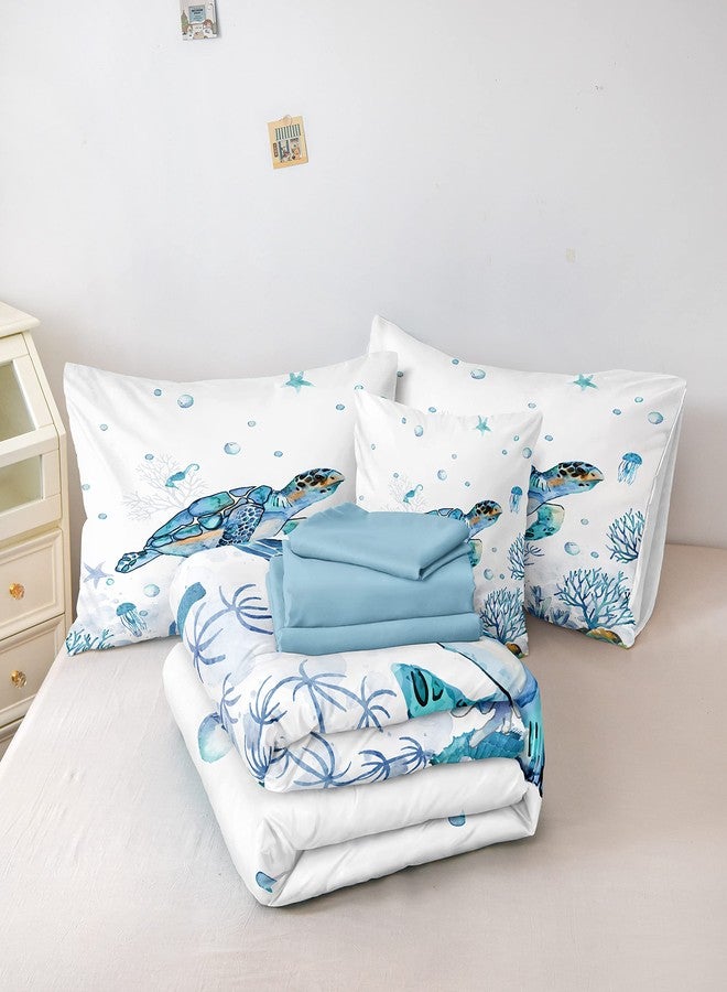 Bedorm Ocean Themed Bedding Sets 6 Pieces Twin Bed in A Bag Teal Blue Turtle Sea Horse Animal Cartoon Pattern Beach Coastal Bedding Comforter - Image 4