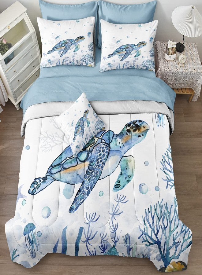 Bedorm Ocean Themed Bedding Sets 6 Pieces Twin Bed in A Bag Teal Blue Turtle Sea Horse Animal Cartoon Pattern Beach Coastal Bedding Comforter - Image 1