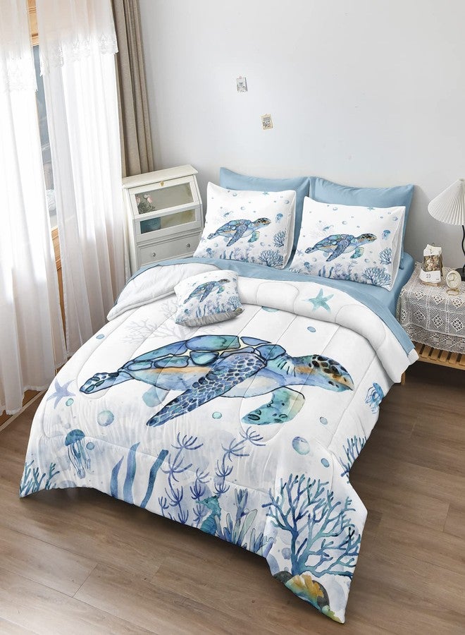 Bedorm Ocean Themed Bedding Sets 6 Pieces Twin Bed in A Bag Teal Blue Turtle Sea Horse Animal Cartoon Pattern Beach Coastal Bedding Comforter - Image 5
