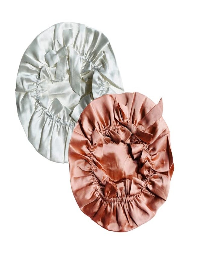 Atrube Satin Bonnet for Curly Hair| Silk Satin Hair Cap for Sleeping| Reversible Hair wrap with Adjustable Tying Drawstring Pack of 2 (Silver, Orange) - Image 1