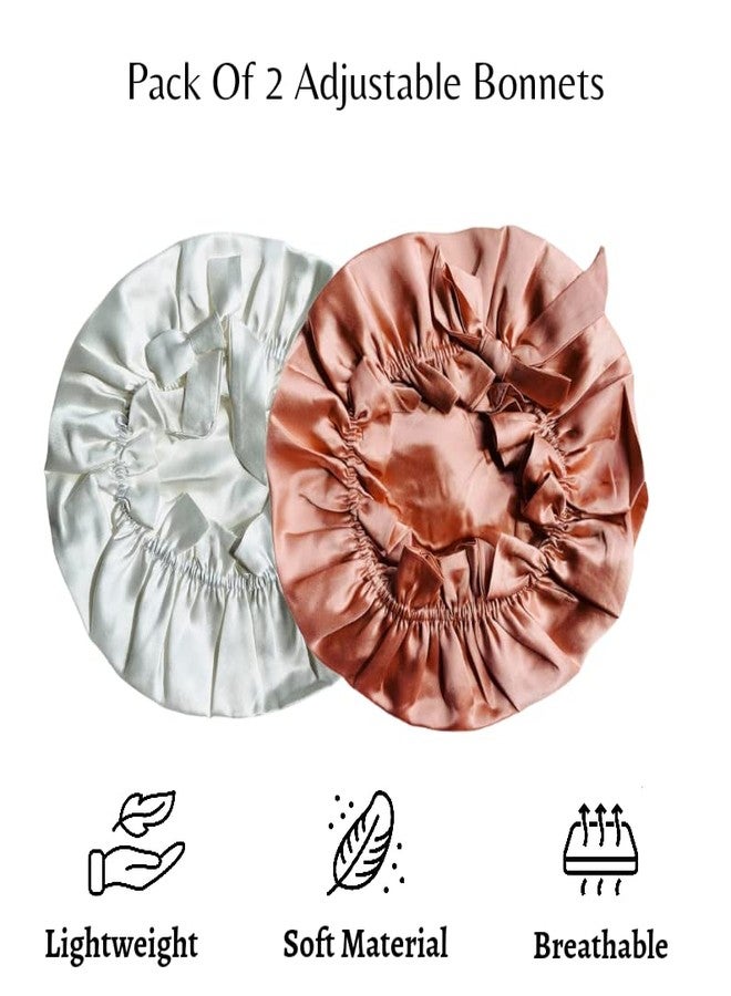 Atrube Satin Bonnet for Curly Hair| Silk Satin Hair Cap for Sleeping| Reversible Hair wrap with Adjustable Tying Drawstring Pack of 2 (Silver, Orange) - Image 2