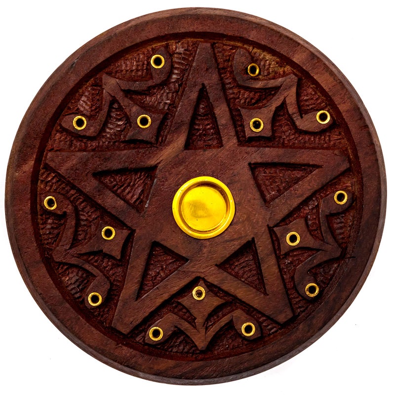 Alternative Imagination Pentagram Incense Holder - Handcrafted Incense Burner fits 15 Incense Sticks and 1 Incense Cone - Carved Wood, Brass Holders - 5 Inches Wide - Image 1