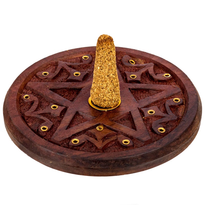 Alternative Imagination Pentagram Incense Holder - Handcrafted Incense Burner fits 15 Incense Sticks and 1 Incense Cone - Carved Wood, Brass Holders - 5 Inches Wide - Image 4