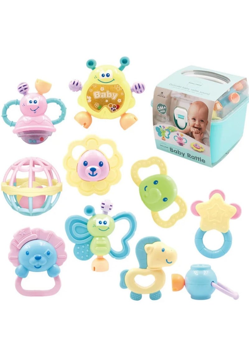XiuWoo Baby Toy Rattle Set 10 pcs with Storage Box Teether Developmental Toys for Babies Infant Newborn Learning Toys Baby Gift, green  - Image 1