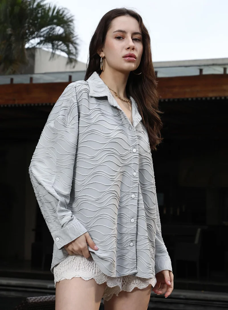 PINACOLADA  Women's Cloud Grey Swirl-Ridge Textured Oversized Shirt for Women | Best Price UAE