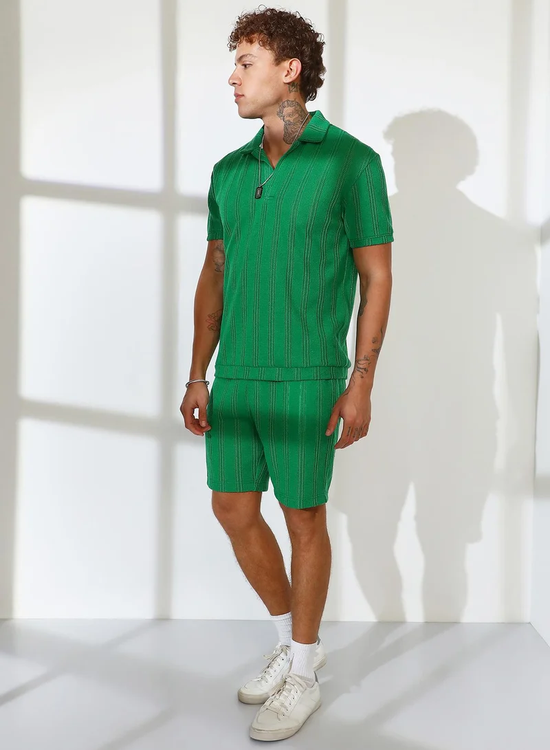 Campus Sutra Men's Shamrock Green Stripe-Knit Co-Ord Set